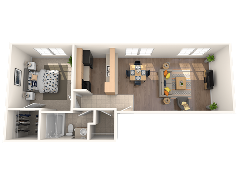 Floor plan for 1 bed, 1 bath, 602 sqft